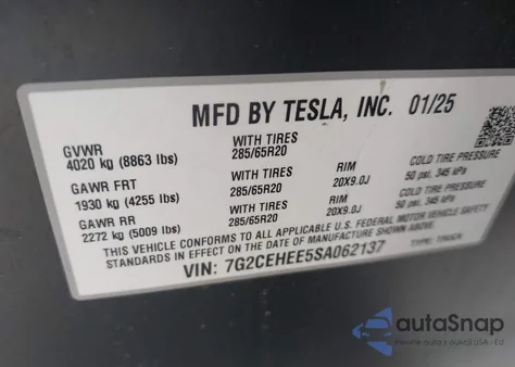 2025 Tesla Cybertruck Cyberbeast z USA, uszkodzony, nr VIN 7G2CEHEE5SA062137